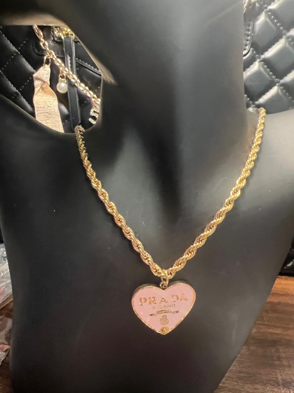Gold & Pink Heart Pendant Rope Necklace